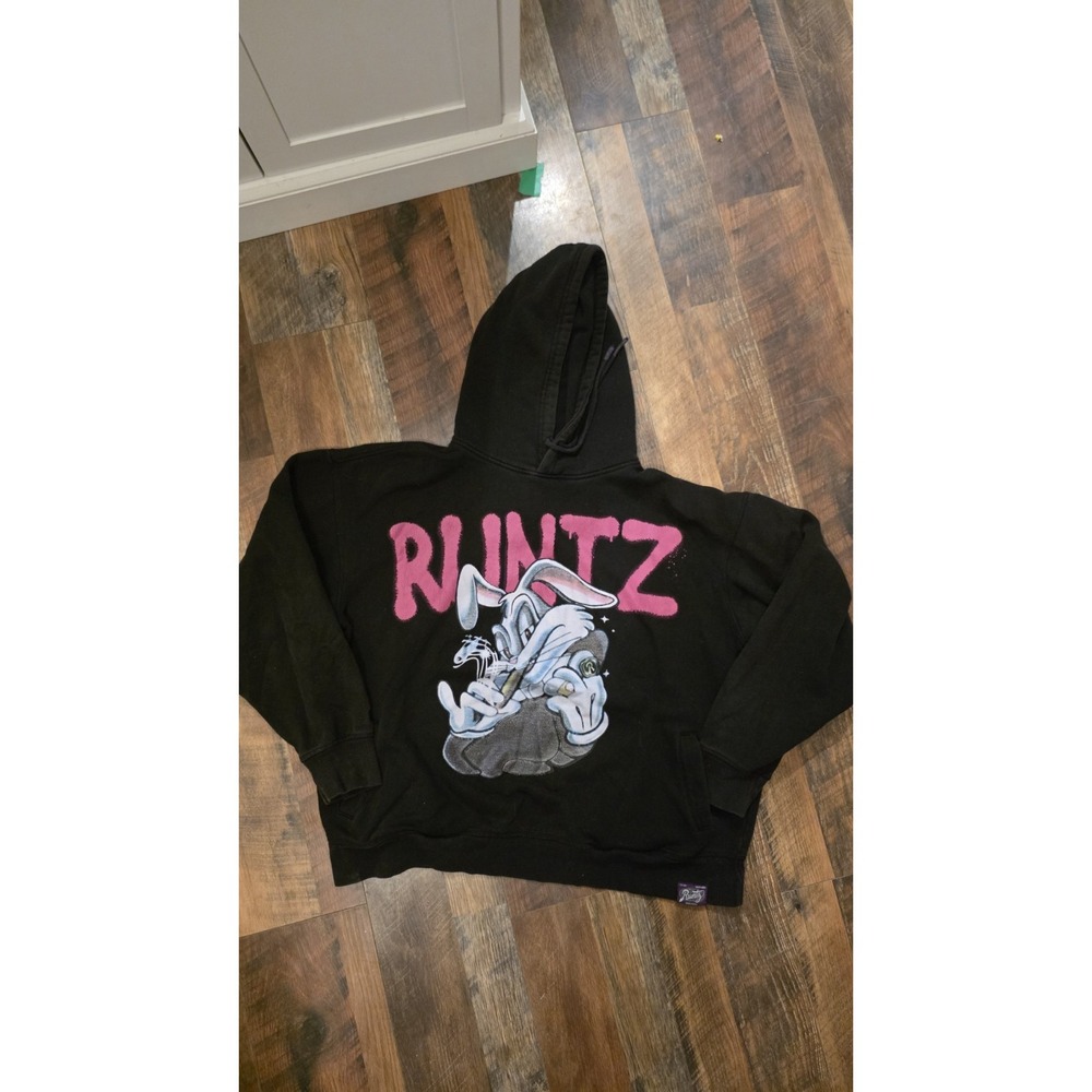 Runtz Worldwide Mens XL Black Graphic Hoodie Pink Logo Rabbit Streetwear
